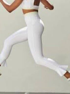 FP Movement by Free People White Ruffle Hem Leggings with Lime Stripe Waist